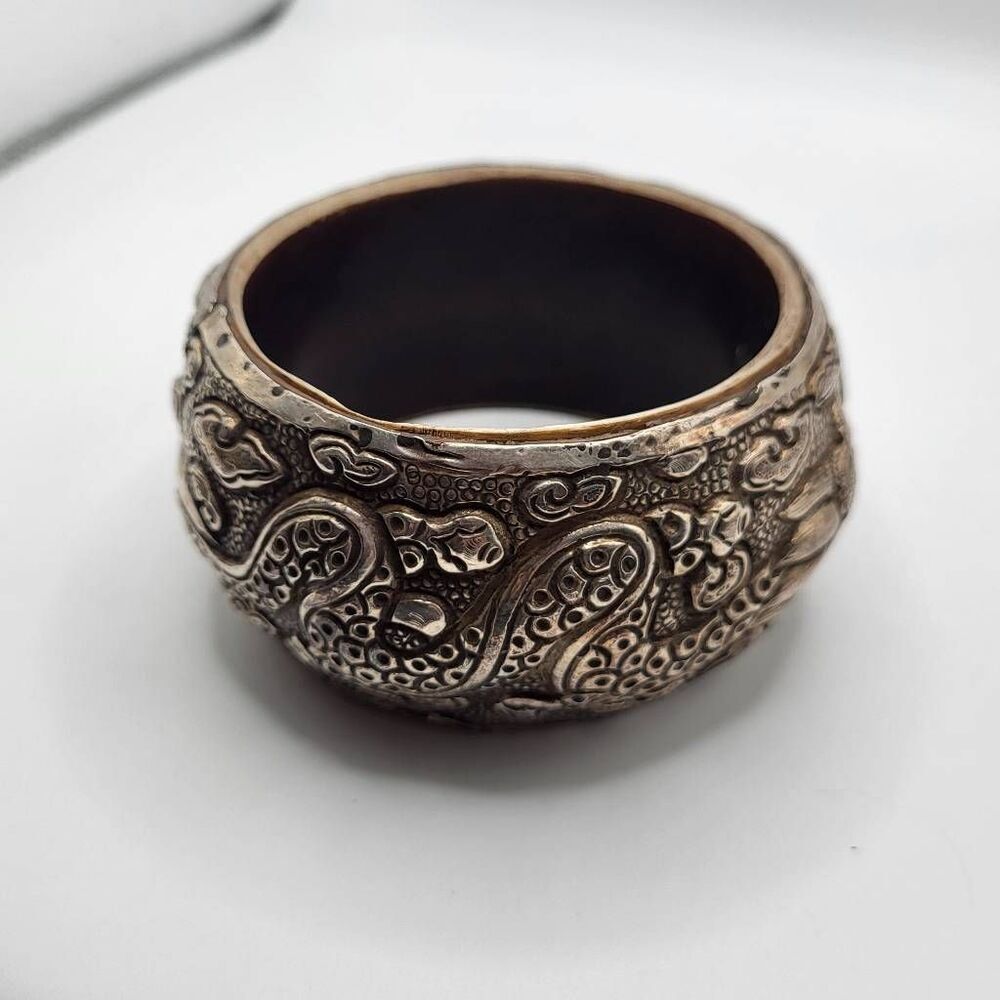 Antique Sterling Silver Chunky Tibetan Dragon Bangle Bracelet